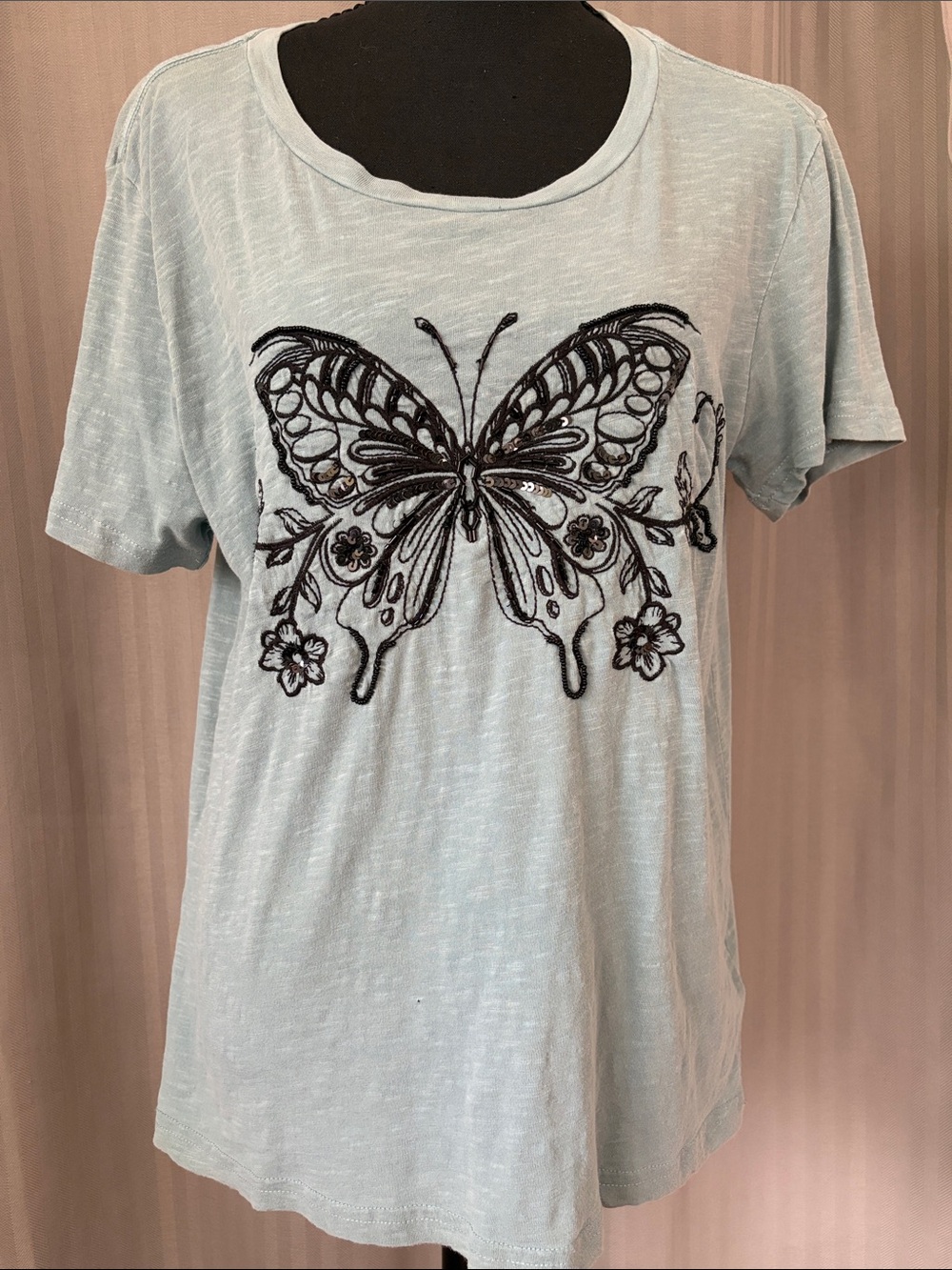 Lucky Brand Light Blue Tee with Black Butterfly Embroidery